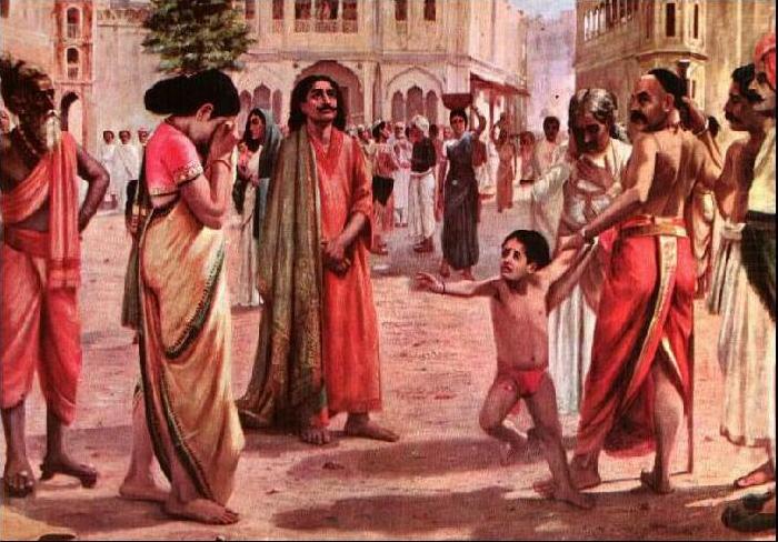 Raja Ravi Varma Harischandra in Distress, having lost his kingdom and all the wealth parting with his only son in an auction china oil painting image